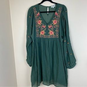 Umgee Forest Green Prairie Cottagecore Embroidered Flowy Lined Mini Dress large